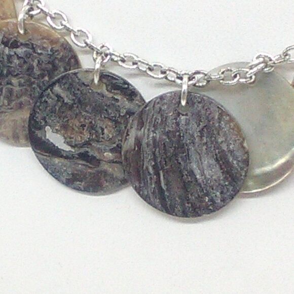 Abalone Disc Shell Necklace Browns Silver Tone Chain 16-19" - Picture 2 of 9